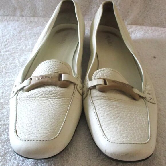Women's Prada Off White Pebble Leather Logo Slip On Flats with Prada Dust Bag - Picture 6 of 6